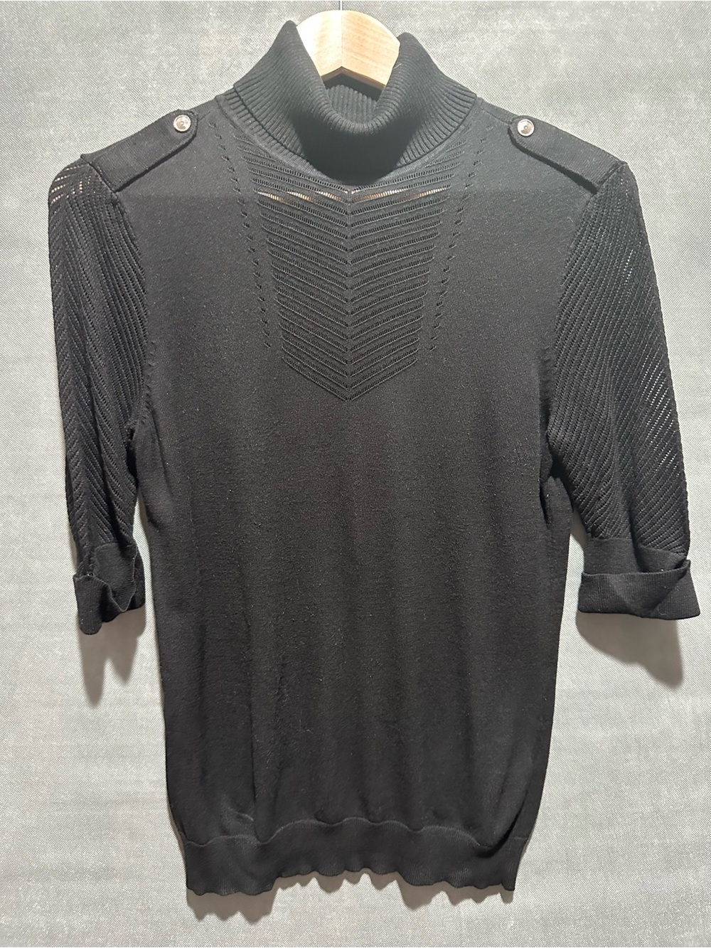 White House Black Market Black Turtleneck Knit Sweater Open Stitch Sleeve M